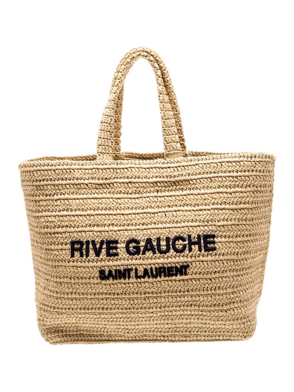 Saint Laurent Raffia Rive Gauche Tote in Natural and Black Embroidery Brand New